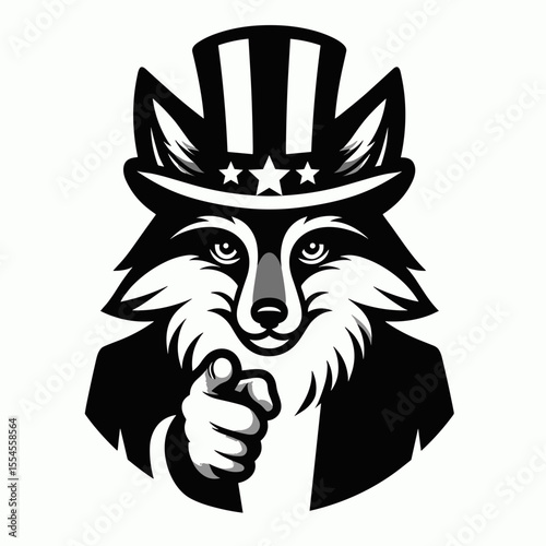 Fox wear american top hat as uncle sam point index finger to viewer. 4th of July Flag Patriotism Usa America Independence Day Clipart Line Art Vector Illustration. Canine in patriotic.