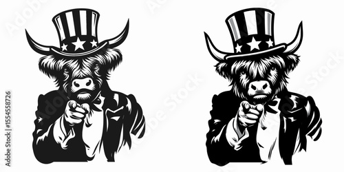 Highland Cow fullbody wear american top hat as uncle sam point index finger to viewer. 4th of July Flag Patriotism Usa America Independence Day Clipart Line Art Vector Illustration. Hairy.