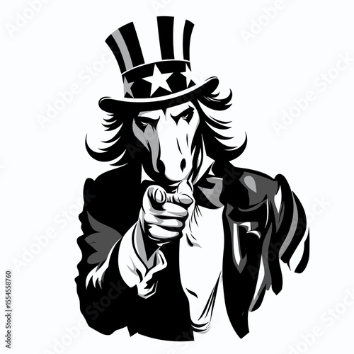 Horse fullbody wear american top hat as uncle sam point index finger to viewer. 4th of July Flag Patriotism Usa America Independence Day Clipart Line Art Vector Illustration. Equine entire.