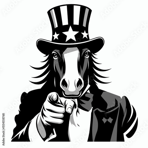 Horse wear american top hat as uncle sam point index finger to viewer. 4th of July Flag Patriotism Usa America Independence Day Clipart Line Art Vector Illustration. Equine donning patriotic.