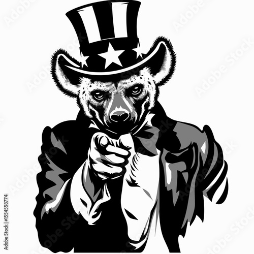 Hyena fullbody wear american top hat as uncle sam point index finger to viewer. 4th of July Flag Patriotism Usa America Independence Day Clipart Line Art Vector Illustration. Laughing canine.