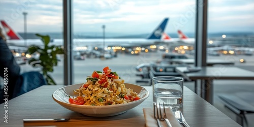 Fototapeta Naklejka Na Ścianę i Meble -  A Luxurious Dining Experience at the Airport with Gourmet Meals Overlooking Airplanes Taking Off