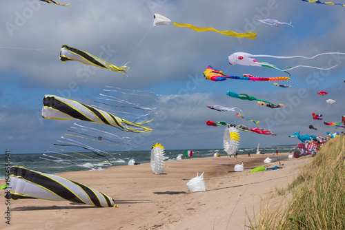 Latawce na plaży w dąbkach. Morze bałtyckie.
