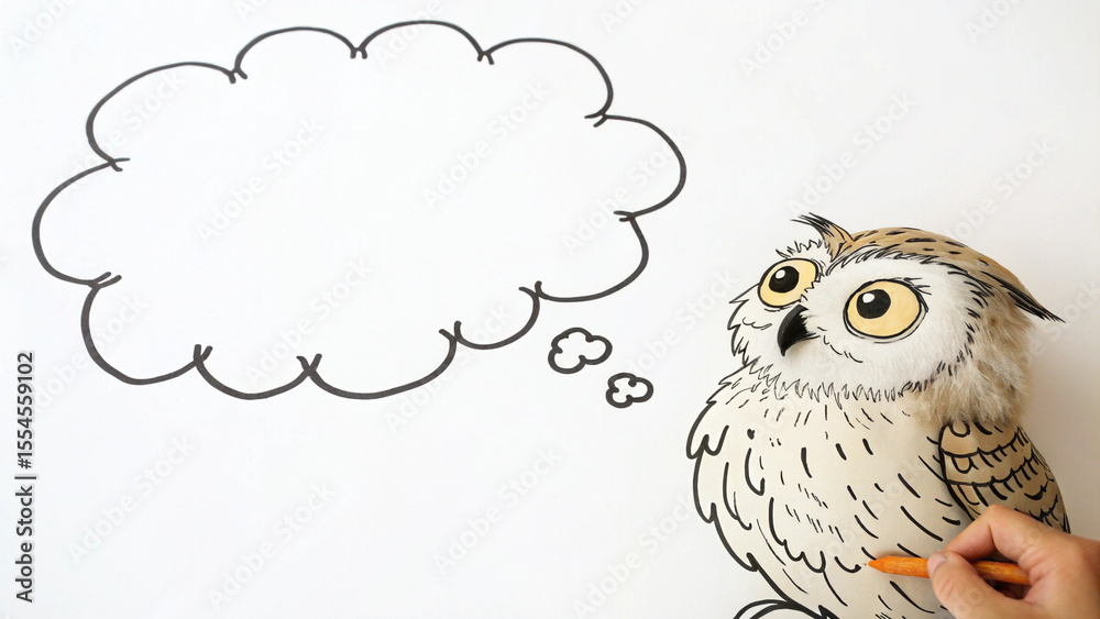 Fototapeta premium Cartoon owl with a hand drawing a thought bubble isolated on white background
