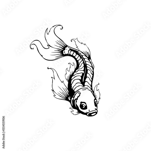 Elegant monochrome koi fish illustration showcasing stylized fins and body in a minimalist design artwork