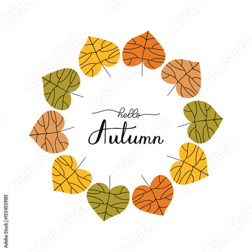 Hello autumn black lettering. Handwritten phrase in circle leaves frame. Hand drawn Calligraphy Script text. Quote for Fall inspiring poster, social media post, project