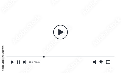 Video Screen icon white mode. Screenshot of Video Media Player. App interface to playback film live streaming. Control minimalist Button. Simple elegant display.