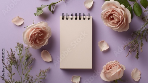 Spiral Notepad Flatlay with Blooming Florals and Refined Composition