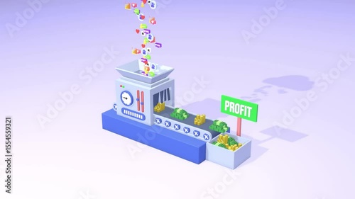3d animation of a machine turns social media into profit.