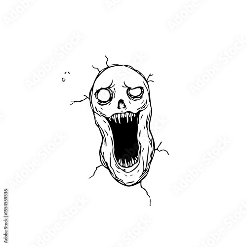 Creepy skull face emerging from a cracked surface with a spooky and unsettling expression making it haunting