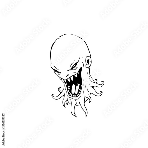 Creepy monster design with sharp teeth and tentacles in black and white illustration is quite haunting