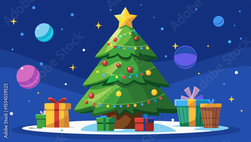 Festive cartoon christmas tree with presents and colorful orbs in starry night sky