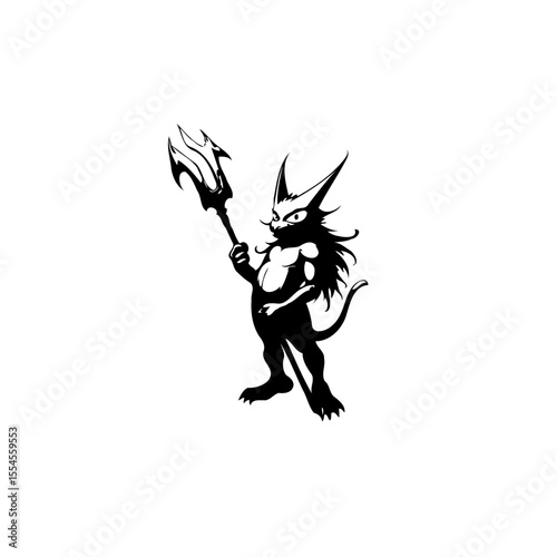 Illustrative depiction of a fierce, mythical creature wielding a trident in silhouette against a white backdrop