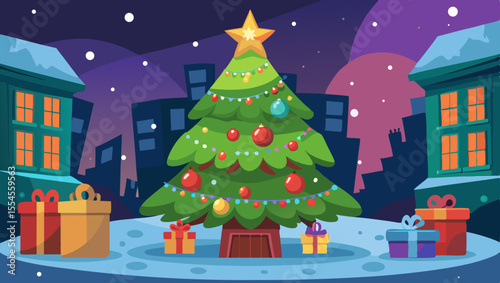 Festive christmas tree decorated with ornaments and gifts in a snowy town at night