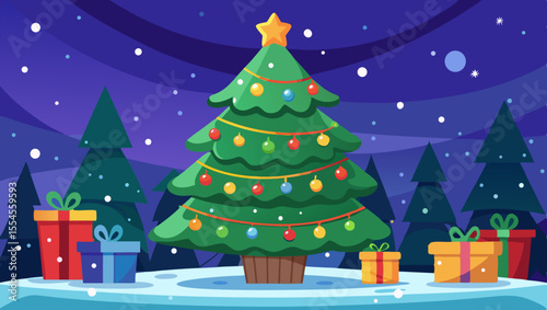 Festive christmas tree with gifts and snowfall in a winter forest