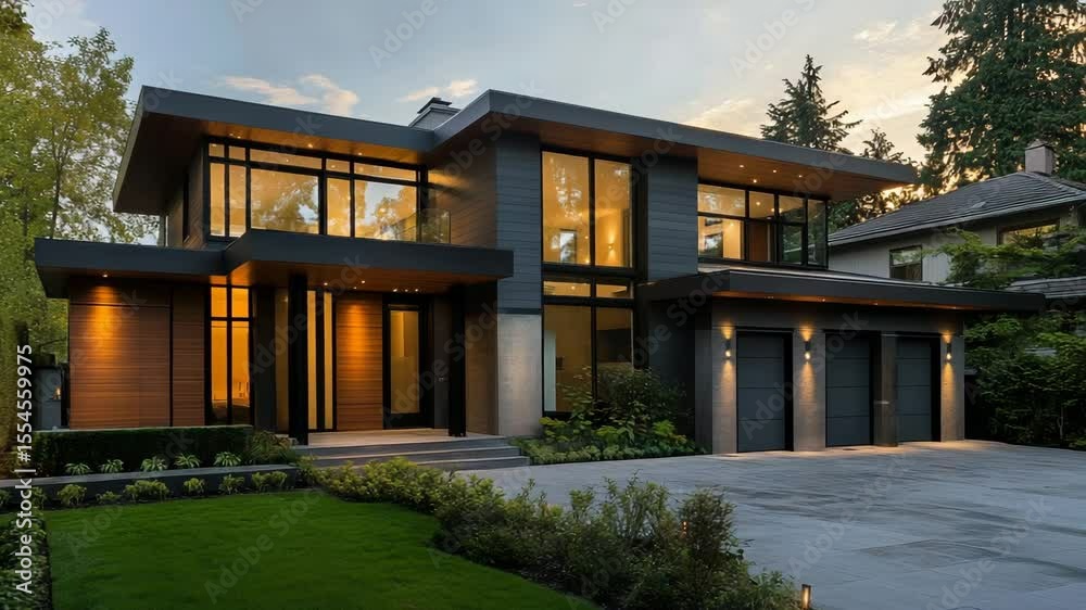 Stylish modern house with dark grey rooftop and clean architectural lines Stylish modern house with dark grey rooftop and clean architectural lines