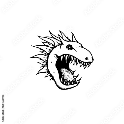 A black and white line drawing of a menacing dragon head roaring aggressively unleashing its fury