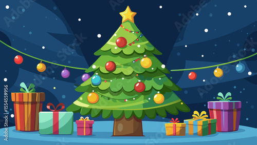 Festive christmas tree adorned with ornaments and surrounded by colorful gifts under falling snow