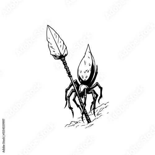 Intricate ink drawing of a spear-wielding spider warrior on white background, perfect illustration concept