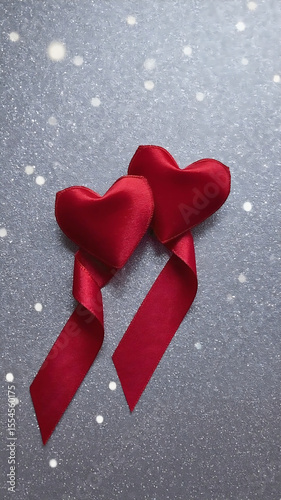 Two plush red heart shapes with satin ribbons tied together on a sparkling gray background