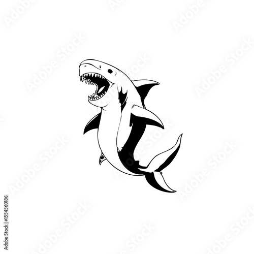 Captivating black and white shark illustration with open mouth revealing sharp teeth predatory elegance, marine life
