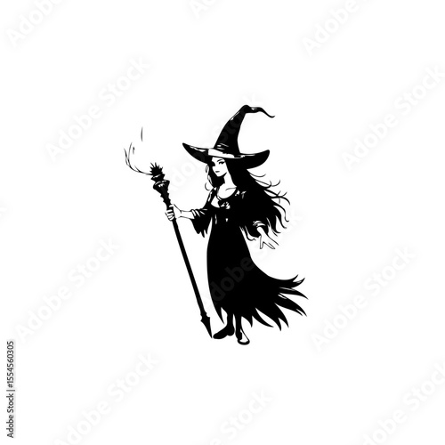 Mystical halloween witch illustration with magical staff enchanting vector graphic artwork of spooky silhouette concept