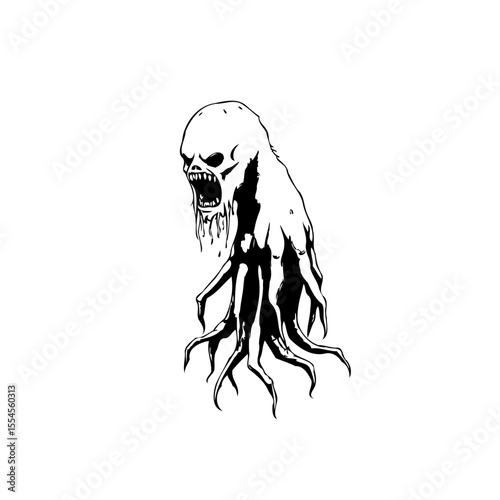 Creepy horror illustration featuring a monster or alien creature with tentacles and a skull-like face drawing