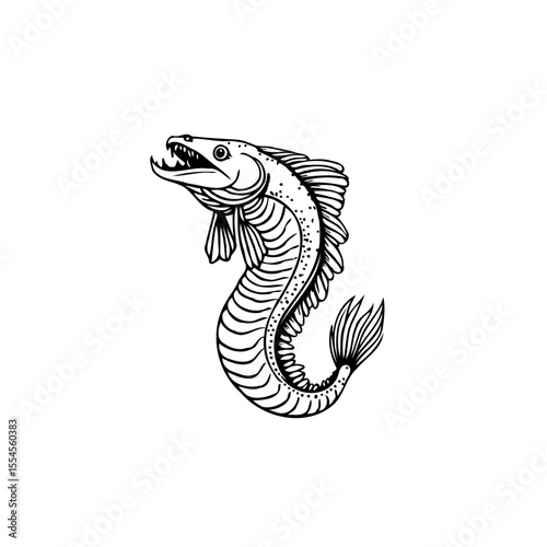 Detailed black and white illustration of a predatory fish in a stylized design aquatic predator illustration
