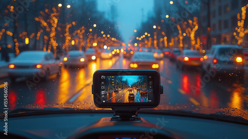 Car dashcam recording moving cars on crowded downtown road, surveillance footage style 
