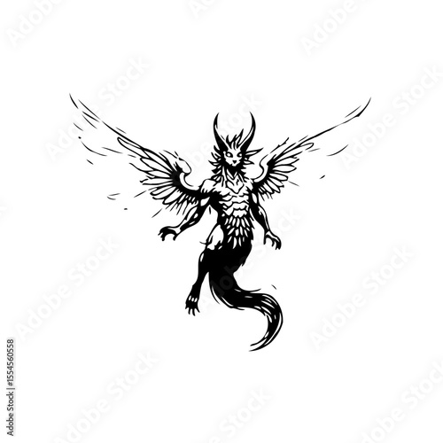 Mystical winged creature with horns and tail soars majestically in black and white art illustration fantasy world