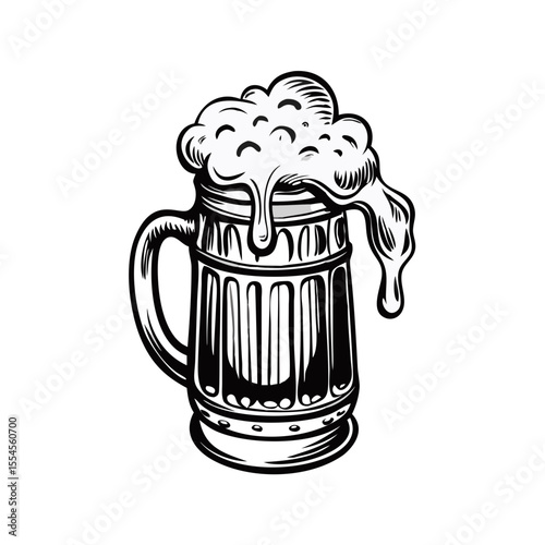 Overflowing beer mug with thick foam in vintage engraving style, textured glass with vertical lines. Oktoberfest drink icon concept brewery promo, bar menu graphics, German beer fest celebration