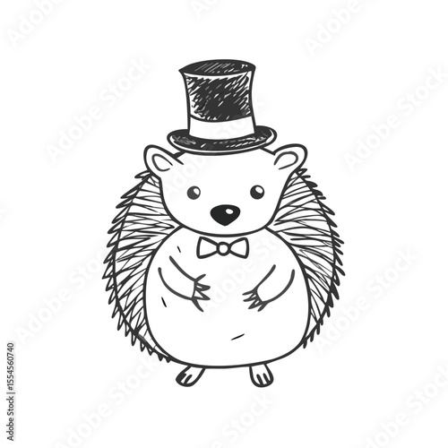 Charming hedgehog dressed as a groom in top hat and bow tie, standing upright with a formal expression, looking like a whimsical wedding character on white background. Playful hand-drawn sketch. 