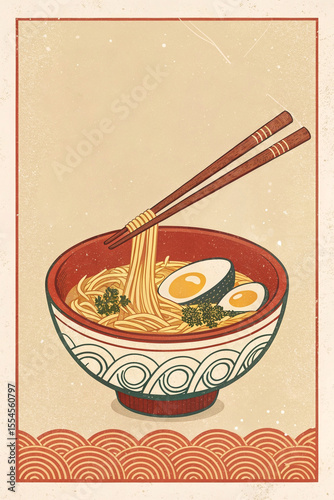 Retro Ramen with chopsticks Poster – Minimalist Vintage Noodle Bowl Art