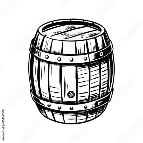 Wooden beer barrel with metal rings in vintage engraving style, classic storage keg for brewing. Oktoberfest drink icon concept brewery branding, pub interiors, beer festival heritage illustration