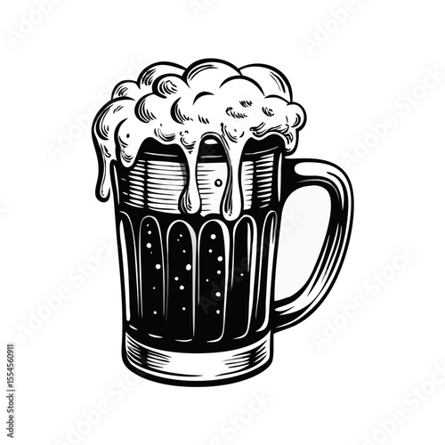 Foaming beer mug with bubbles in vintage engraving style, dark beer in classic glass tankard. Oktoberfest drink icon concept brewery branding, pub menu design, beer festival product illustration