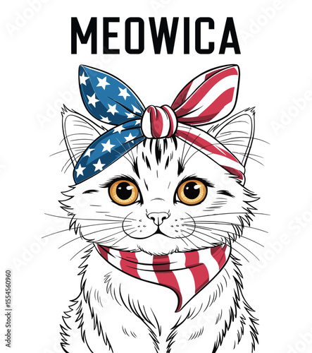 Patriotic Cat Illustration with American Flag Bandana and Headband for Independence Day Celebrations and National Pride Designs
