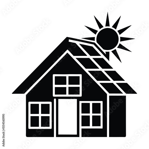 Modern house silhouette featuring a solar panel roof and a bright sun symbolizing renewable energy and eco friendly living