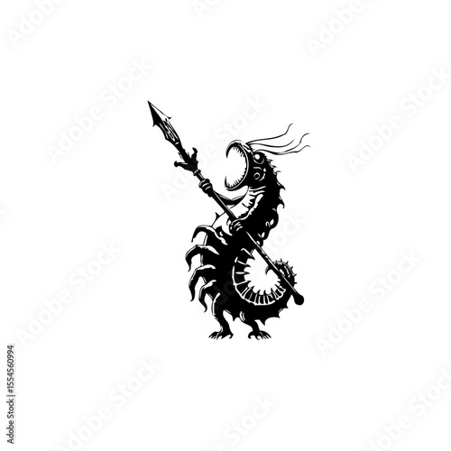 Black and white illustration of a ferocious fantasy creature holding a spear in battle stance