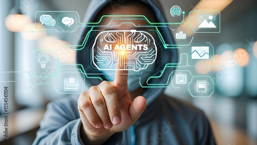 Person interacting with a futuristic ai agents interface displaying brain and icons