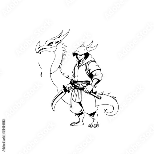 Wallpaper Mural Illustration of a samurai warrior with sword alongside a dragon in a minimalist style artwork in black and white Torontodigital.ca