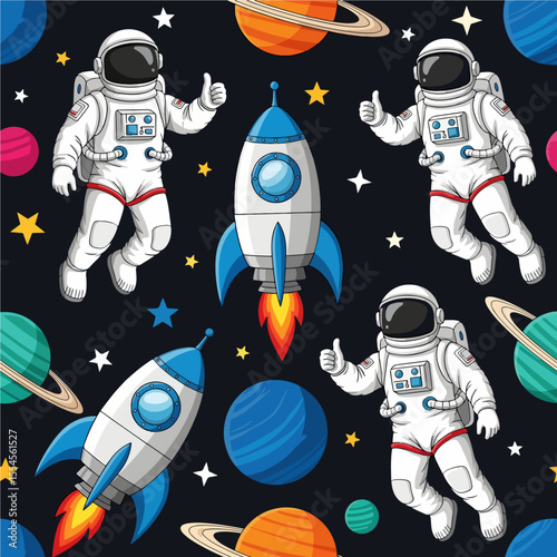 Cartoon astronauts give a thumbs-up while floating in a cosmic pattern with rockets and colorful, ringed planets against a starry background. Vector Patterns