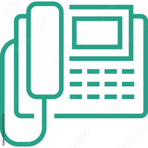 A simple clean and modern teal line art icon representing a desk telephone with a handset and keypad perfect for communication and business concepts