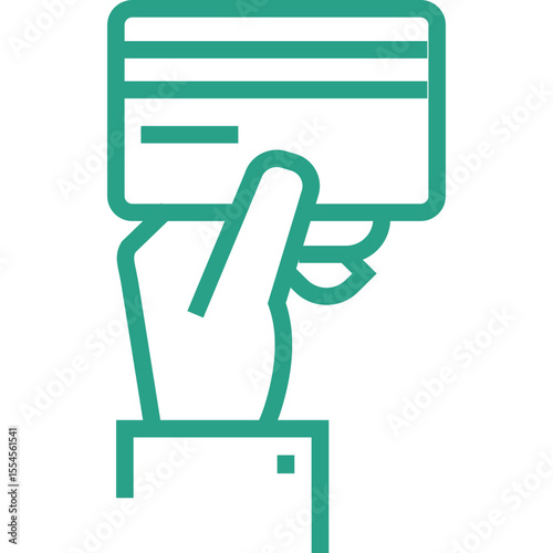 A simple teal line art icon of a hand holding a credit card representing financial transactions and payment methods