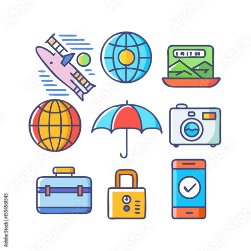 Travel & Vacation Vector Icon Set – 10 Colorful Icons Like Plane, Passport, Hotel, Map, Beach, and Globe for Travel UI, Booking Apps, and Tourism Guides