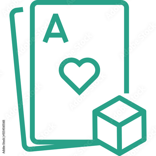 A stylized icon featuring an ace of hearts playing card and a cube representing luck or chance in a simple modern flat design with a teal outline on a white background