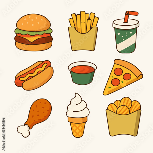 Unique vector icons of popular fast food items, including burger, fries, soda, hot dog, ketchup, pizza, chicken, ice cream, and snacks. 