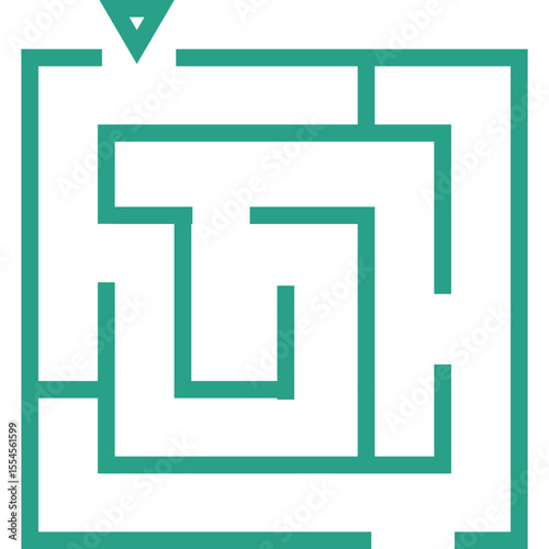 A simple teal colored maze graphic with a triangular entrance at the top and a clear path leading into the complex labyrinth