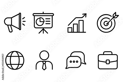 Business communication and strategy icons set featuring growth and target elements, vector illustration