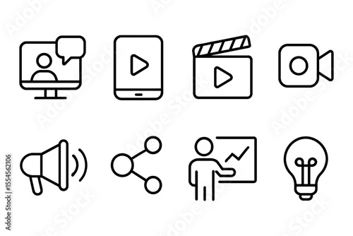 Digital media and communication icons featuring video and presentation elements, vector illustration
