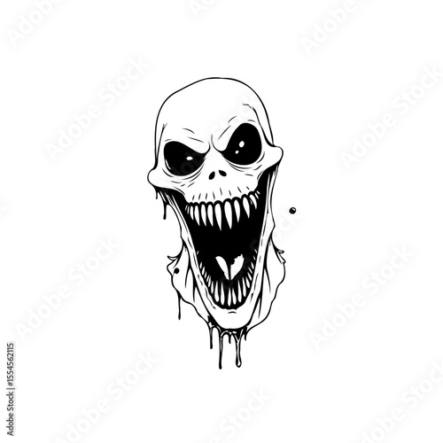 A haunting monochrome illustration of a grinning skull, perfect for halloween and spooky themes with dripping details